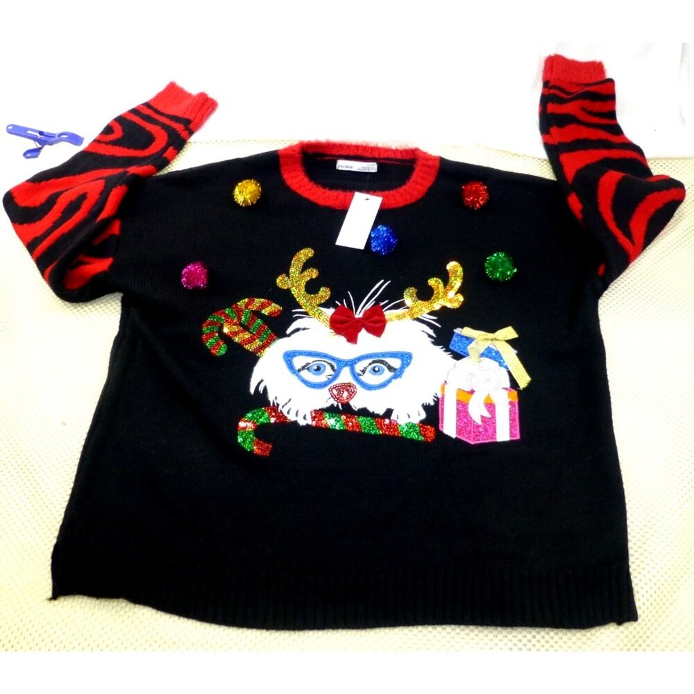 Rafiana Black‎ Christmas Combo Sweater Large  Cat With Antlers Glitter Details &